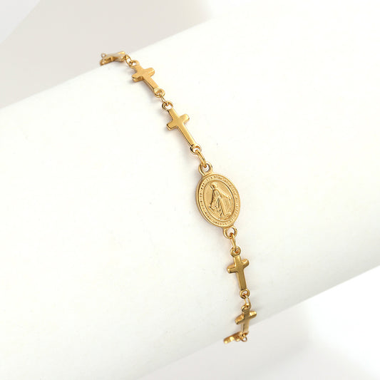Virgin Mary Cross Bracelet for Women Stainless Steel Gold Plated Miraculous Medal Pendant Religious Catholic Christian Faith Blessing Charm Bracelet Adjustable Stackable Layering Wristband Gift Jewelry