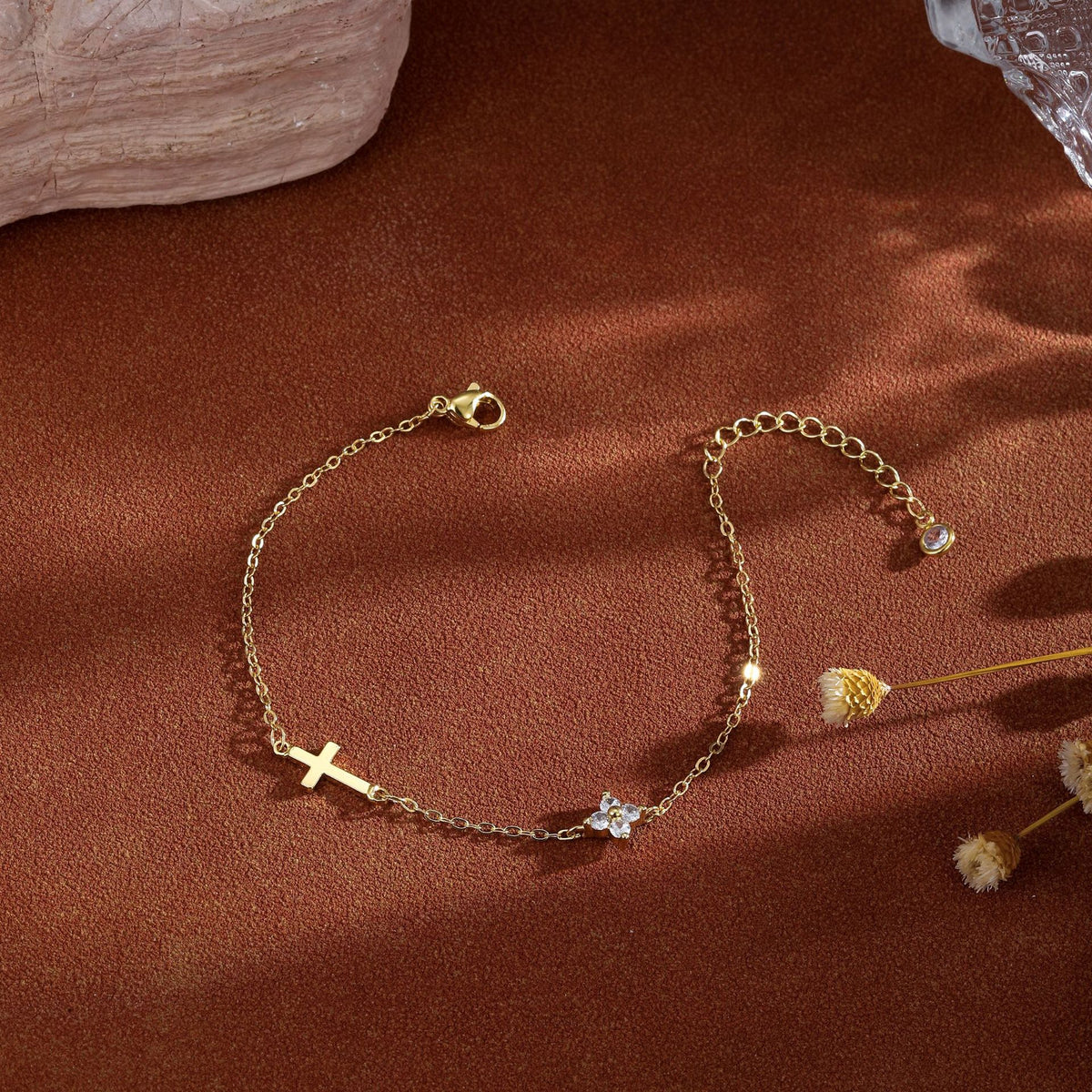 gold-tone cross and clover bracelet for women, electroplated brass adjustable chain with clear stone accents, dainty everyday jewelry