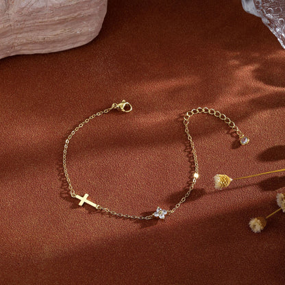 Gold-Tone Cross and Clover Bracelet for Women, Electroplated Brass Adjustable Chain with Clear Stone Accents, Dainty Everyday Jewelry