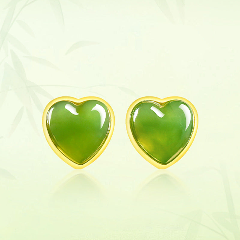 spinach green natural hetian jade heart earrings - s925 silver setting with minimalist design