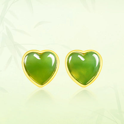 Spinach Green Natural Hetian Jade Heart Earrings - S925 Silver Setting with Minimalist Design