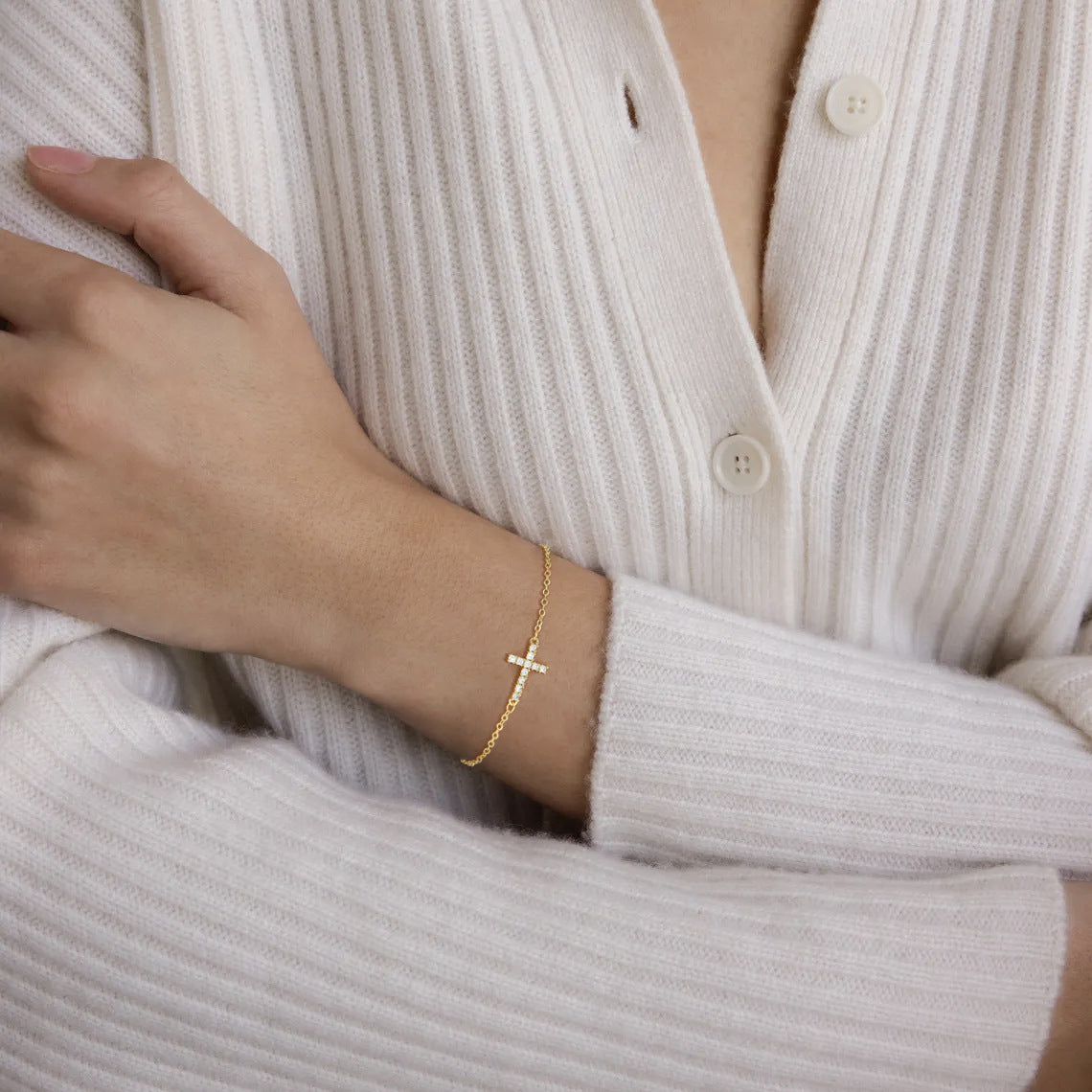 gold-tone cross brass bracelet for women dainty sideways cross chain bracelet sparkly cubic zirconia faith charm jewelry gift adjustable lobster clasp