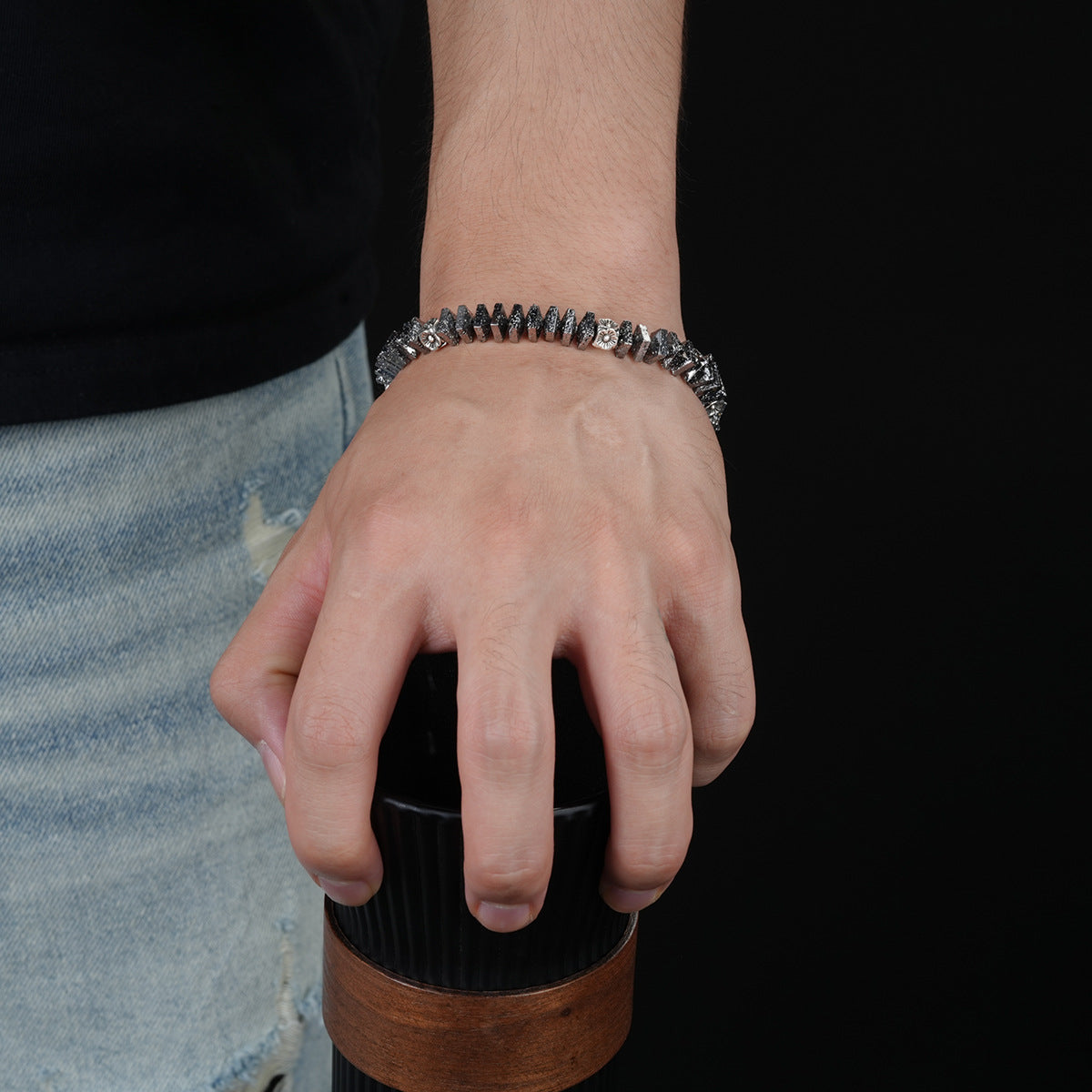 men's square lava stone beaded bracelet with silver-tone accents and adjustable extender