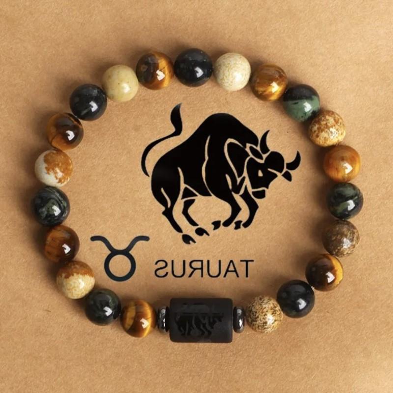 12 the Zodiac Signs Natural Stone Beaded Bracelet - Tiger Eye - STAR8S