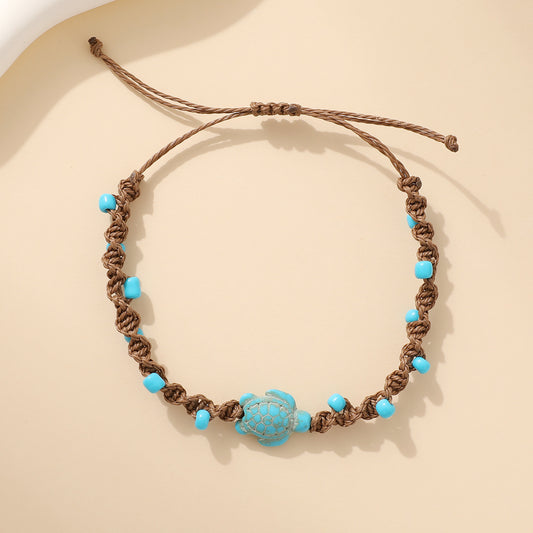 Handmade Turquoise Sea Turtle Bracelet for Women Men Bohemian Blue Bead Woven Rope Anklet Beach Ocean Wave Jewelry Adjustable Cord Marine Charms Gift