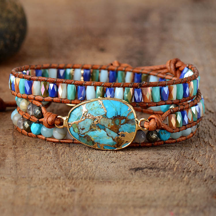 handmade turquoise egg boho bracelet with crystal beads – fashionable vintage braided leather wrap bracelet for women - star8s
