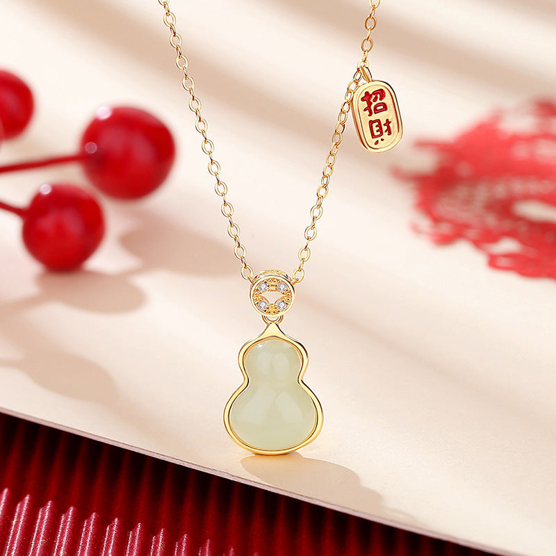 Stone Necklace - Chinese Gourd Pendant with Hetian Jade or Red Agate | STAR8S