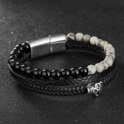 Men’s Stainless Steel Bracelet – Leather & Tiger’s Eye Beads with Skull Charm - STAR8S