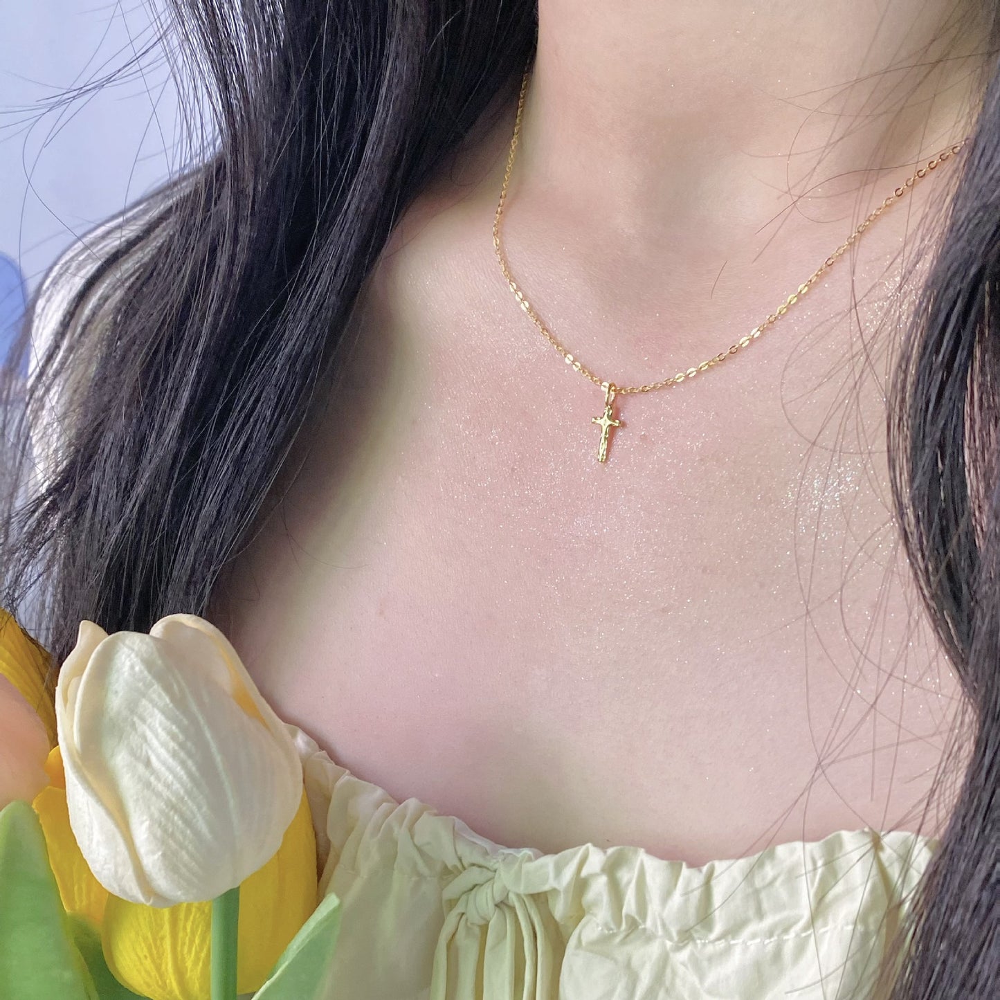 925 sterling silver 18k gold plated cross necklace - hammered design minimalist chic