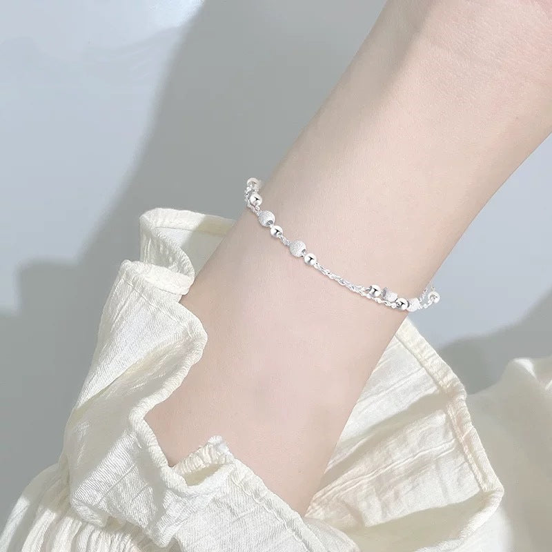 dainty double layer silver tone bracelet for women girls gypsophila sparkling bead bracelet layered cable chain minimalist frosted textured shiny round bead strand stack choker clavicle foot wrist jewelry valentine birthday gift