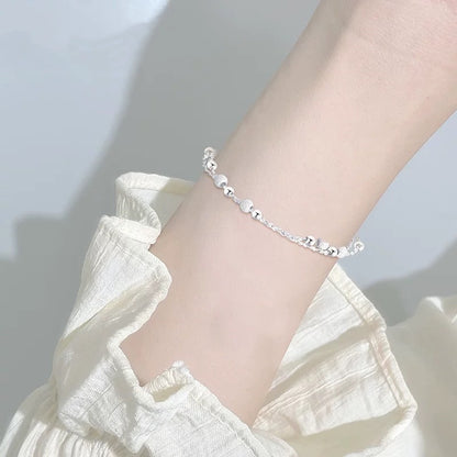 Dainty Double Layer Silver Tone Bracelet for Women Girls Gypsophila Sparkling Bead Bracelet Layered Cable Chain Minimalist Frosted Textured Shiny Round Bead Strand Stack Choker Clavicle Foot Wrist Jewelry Valentine Birthday Gift