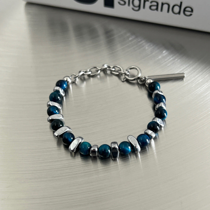 men's blue bead bracelet with silver-tone spacers and adjustable chain