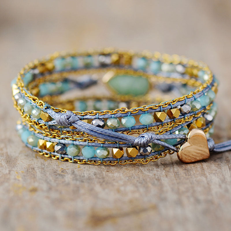 Amazonite Boho Wrap Leather Bracelet – Handmade Multi Layer Crystal Beaded Bracelet - STAR8S