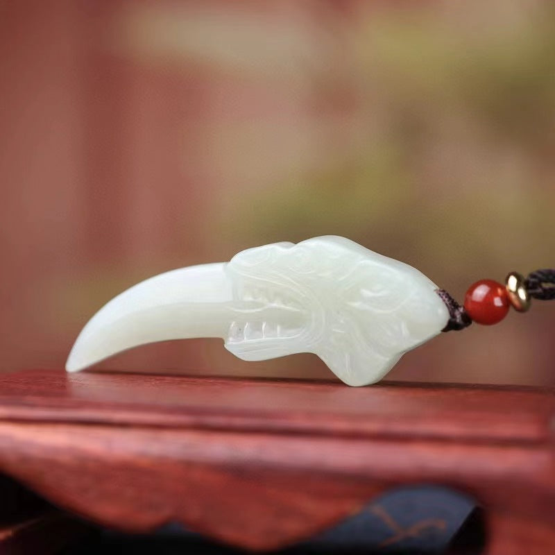 jade wolf fang necklace - hetian white jade pendant - bold & powerful jewelry for men and women
