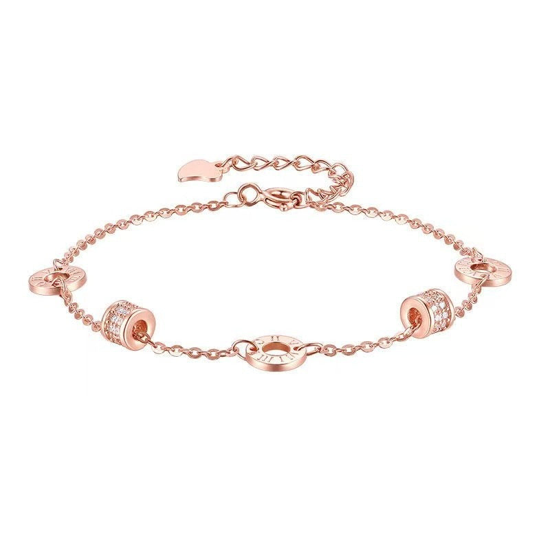rose gold tone roman numeral bracelet for women, minimalist interlocking circles small waist charm bracelet, crystal pave cubic zirconia dainty chain link jewelry, birthday anniversary gift for girlfriend mother her