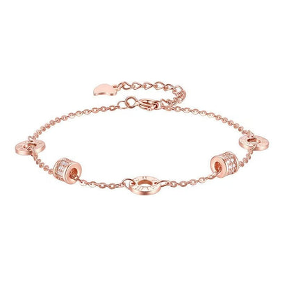 Rose Gold Tone Roman Numeral Bracelet for Women, Minimalist Interlocking Circles Small Waist Charm Bracelet, Crystal Pave Cubic Zirconia Dainty Chain Link Jewelry, Birthday Anniversary Gift for Girlfriend Mother Her