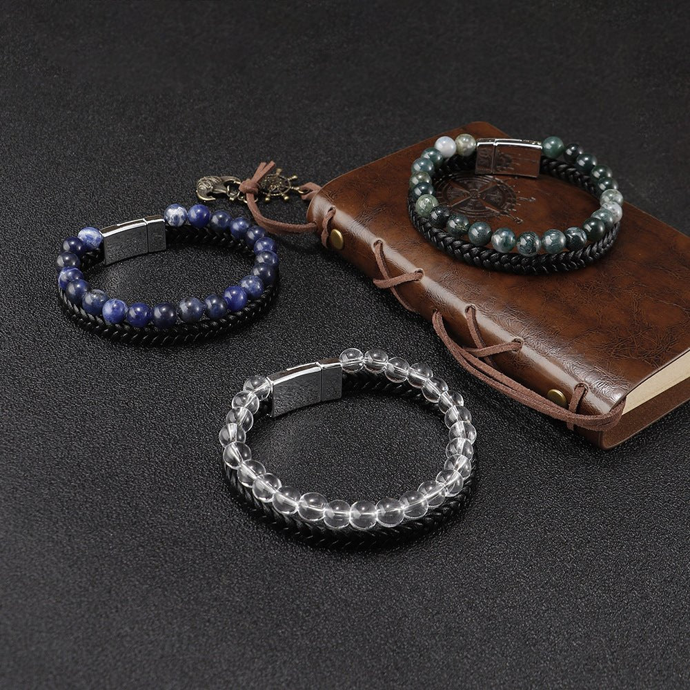Men’s Beaded Stone Bracelet - Tiger Eye Beads with Genuine Leather Cord - Natural Stone and Agate Bracelet - STAR8S