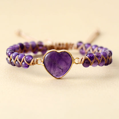 Amethyst Adjustable Heart Braided Bracelet for Women – Handmade Natural Stone Beaded Macrame Jewelry - STAR8S