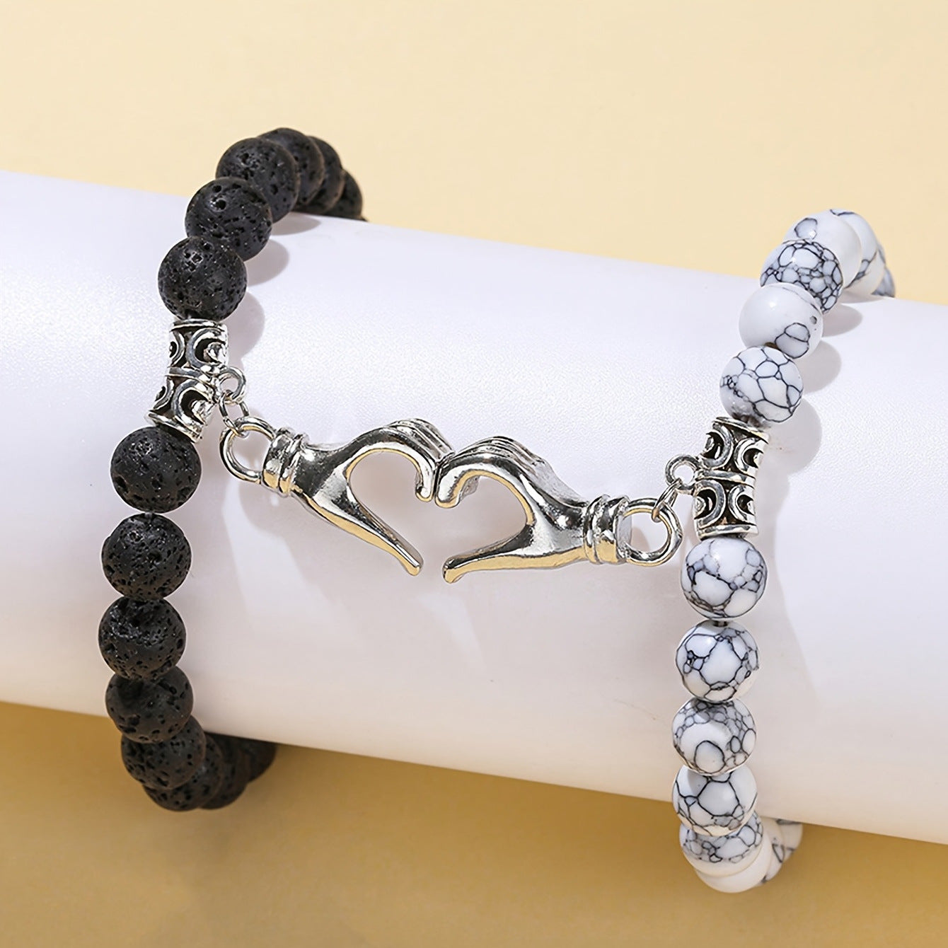 2pcs magnetic couples bracelet set for boyfriend girlfriend natural black lava stone white turquoise beads woven rope braided matching hands heart clasp relationship distance friendship gift 30g