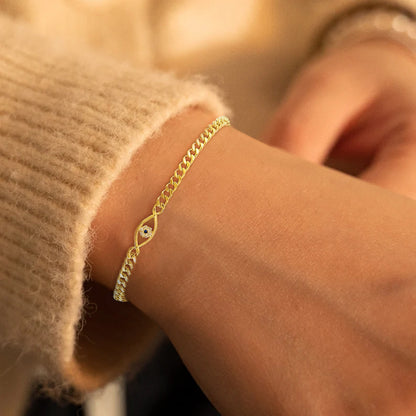 Copper-Plated Evil Eye Curb Chain Bracelet Brass Cubic Zirconia Protection Jewelry Minimalist Trendy Layering Wristband Gift for Her