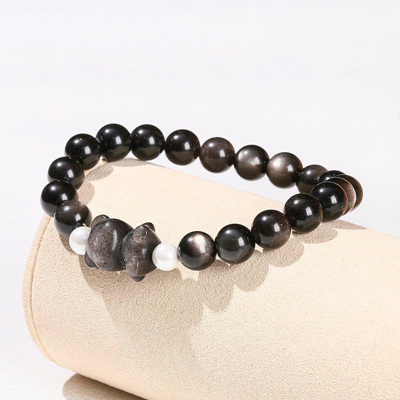 silver obsidian bear bracelet – minimalist black gemstone beaded bracelet for men & women - star8s