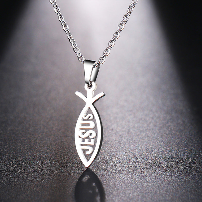 stainless steel jesus fish pendant necklace for women men ichthys christian necklace religious faith jewelry gift titanium steel holy symbol o-chain choker comfort fit silver tone