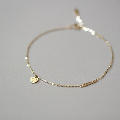 925 Sterling Silver 14K Gold Plated Heart Pin Bracelet - Elegant Minimalist Design