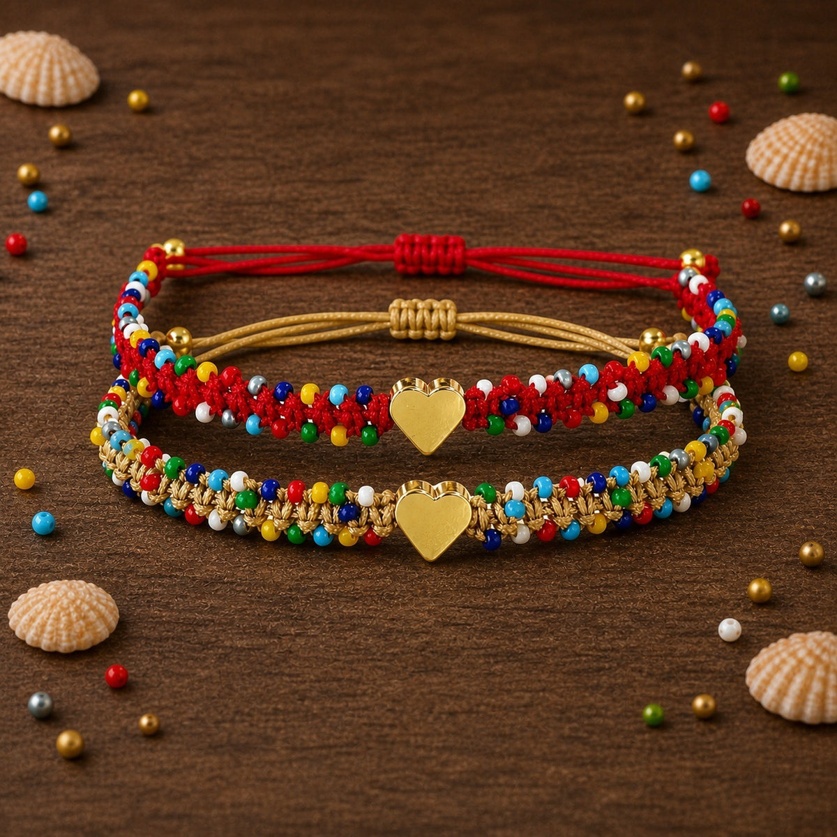 handwoven beaded heart bracelet for women, multicolor beads and gold-tone heart centerpiece, adjustable sliding knot cord closure, sweet boho style with decorative beaded edges and dangling cord ends, everyday jewelry for birthdays and friendship gif