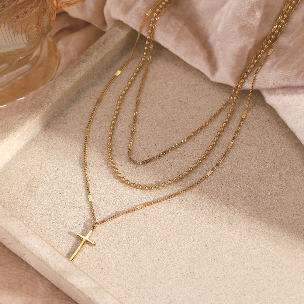 stainless steel layered cross necklace for women gold tone multi strand layered chain necklace dainty bead ball chain twisted wave choker christian cross pendant faith jewelry gift