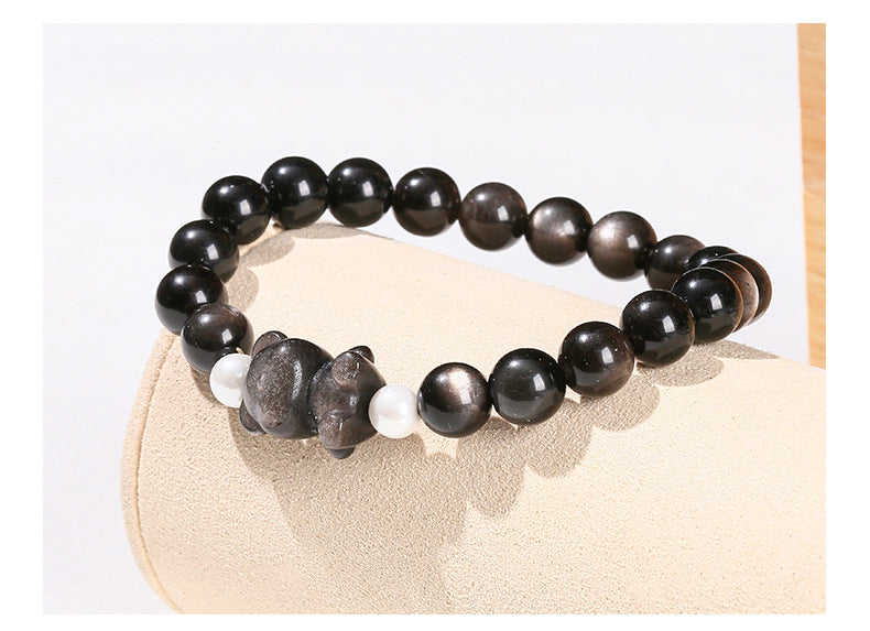 silver obsidian bear bracelet – minimalist black gemstone beaded bracelet for men & women - star8s