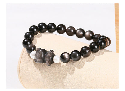Silver Obsidian Bear Bracelet – Minimalist Black Gemstone Beaded Bracelet for Men & Women - STAR8S