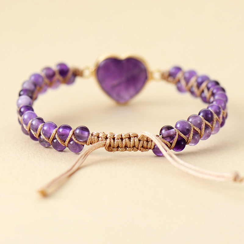 Amethyst Adjustable Heart Braided Bracelet for Women – Handmade Natural Stone Beaded Macrame Jewelry - STAR8S