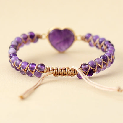 Amethyst Adjustable Heart Braided Bracelet for Women – Handmade Natural Stone Beaded Macrame Jewelry - STAR8S