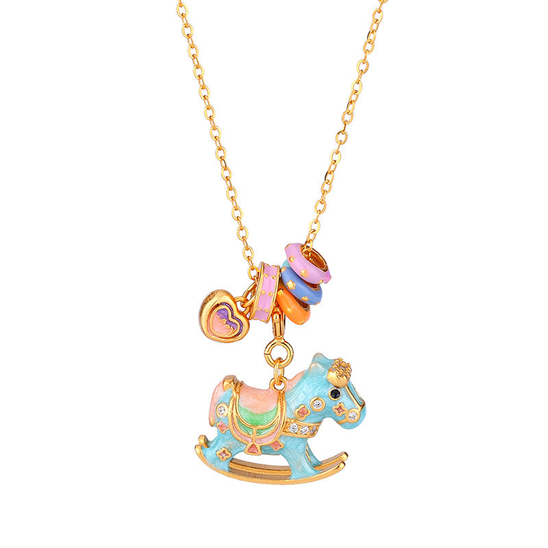 Chinese Zodiac Horse Silver Necklace – S925 Enamel Macaron Color Rocking Horse Pendant - STAR8S