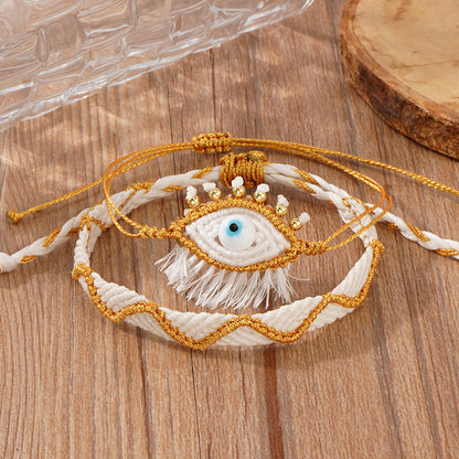 Handmade Woven Evil Eye Bracelet Set for Women Men Boho Macrame Protection Talisman Gold Metallic Thread Cream White Braided Rope Cord Adjust String Set of 2