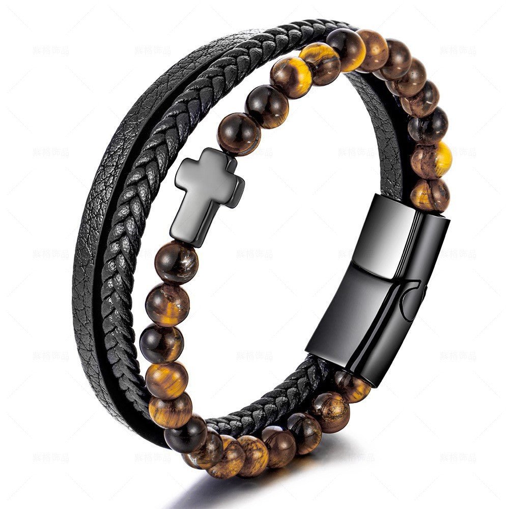 stainless steel cross bracelet for men - natural tiger eye agate stone multi-layer woven leather bracelet - star8s