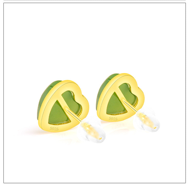 spinach green natural hetian jade heart earrings - s925 silver setting with minimalist design