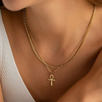 Layered Ankh Cross Necklace Set for Men Women Stainless Steel Egyptian Key of Life Pendant Twisted Rope Chain Choker Gold Plated Religious Protection Amulet Statement Sweater Chain Jewelry Gift