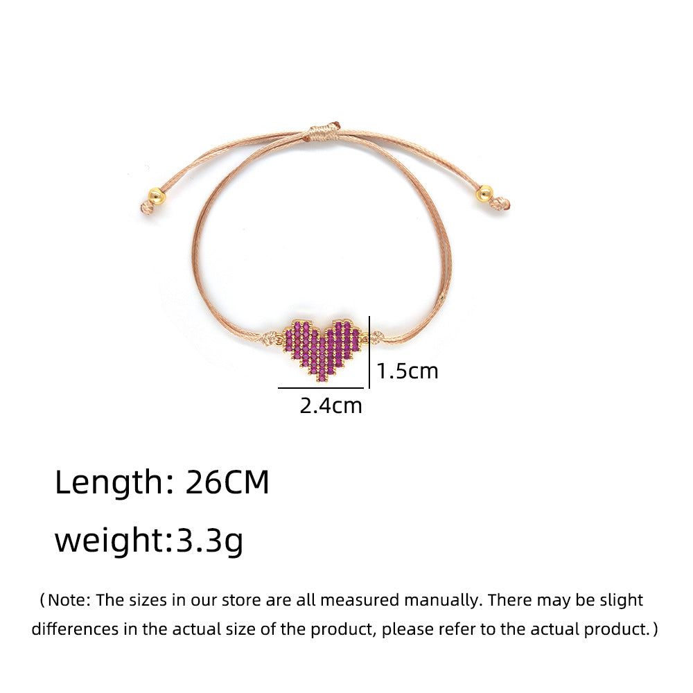 french style adjustable string bracelet for women delicate micro pavé cubic zirconia pink heart charm bracelet minimalist braided rope cord daily dainty love jewelry valentine gift