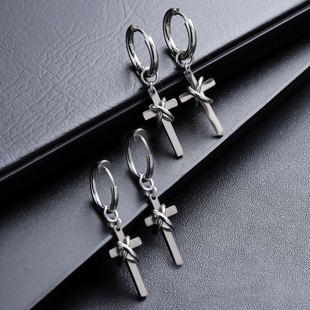 men's cross drop hoop earrings titanium steel non tarnish twisted wire entwined cross dangle earrings punk gothic hip hop ear jewelry streetwear ear clips for men pierced non-pierced silver color