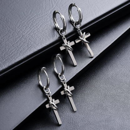 Men's Cross Drop Hoop Earrings Titanium Steel Non Tarnish Twisted Wire Entwined Cross Dangle Earrings Punk Gothic Hip Hop Ear Jewelry Streetwear Ear Clips for Men Pierced Non-Pierced Silver Color