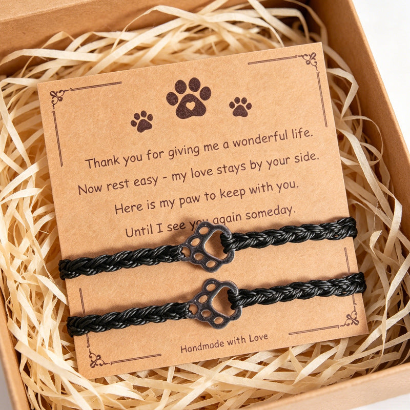 2pcs handmade pet memorial bracelet set for women men stainless steel paw print charm braided rope cord adjustable keepsake friendship bracelet sympathy loss gift with card