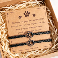 2Pcs Handmade Pet Memorial Bracelet Set for Women Men Stainless Steel Paw Print Charm Braided Rope Cord Adjustable Keepsake Friendship Bracelet Sympathy Loss Gift with Card