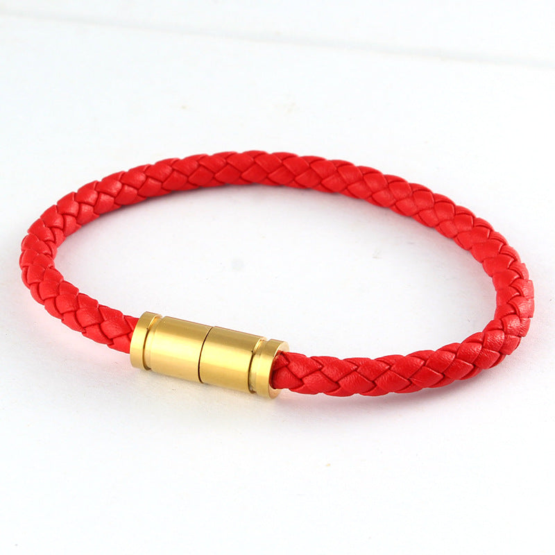 braided leather bracelet with strong magnetic clasp, 5mm stainless steel gold-tone closure wristband, unisex jewelry gift for men & women everyday wear