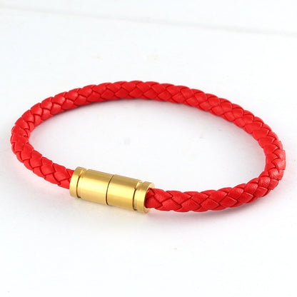 Braided Leather Bracelet with Strong Magnetic Clasp, 5mm Stainless Steel Gold-Tone Closure Wristband, Unisex Jewelry Gift for Men & Women Everyday Wear
