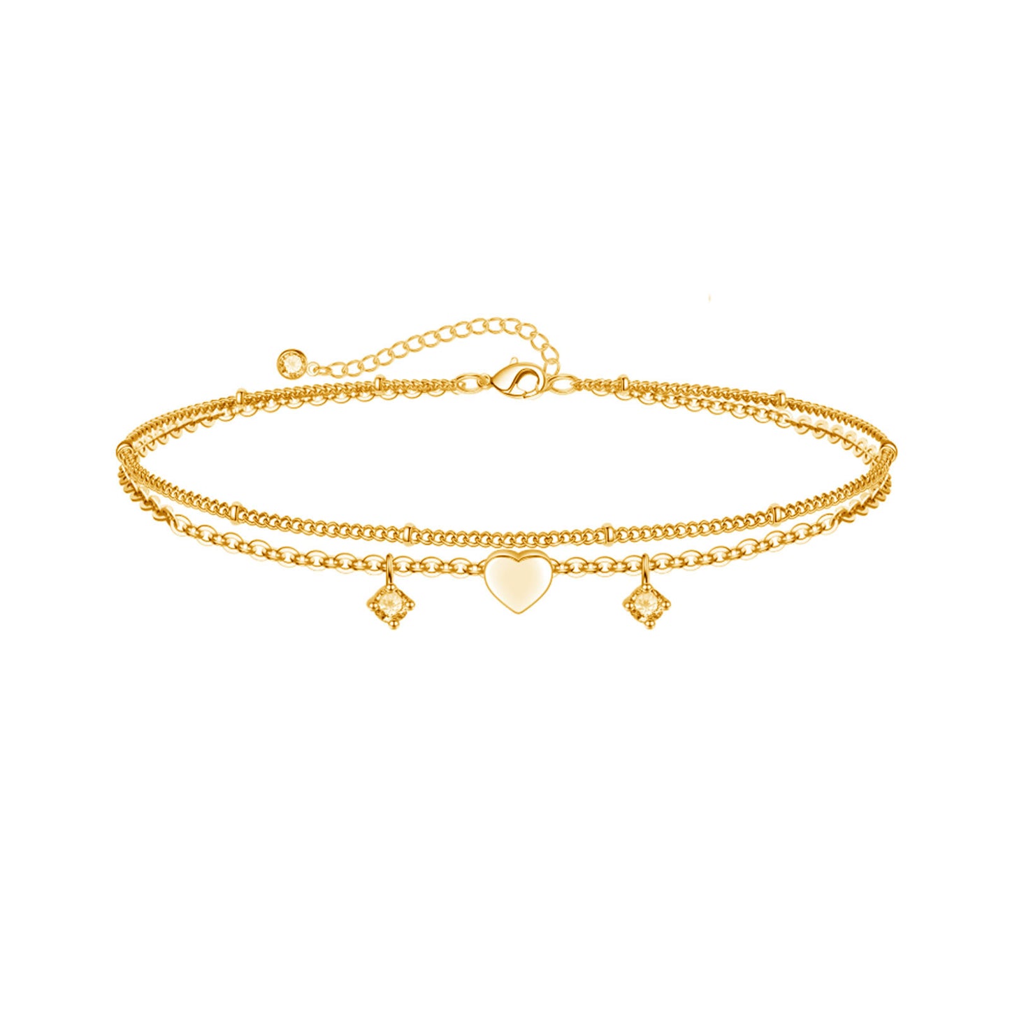 gold-tone double-layer heart anklet for women, electroplated brass adjustable zircon charm ankle bracelet, dainty summer foot jewelry