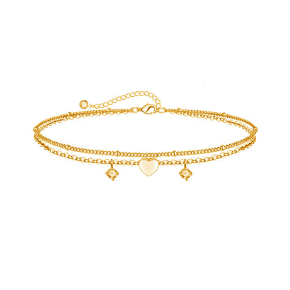 Gold-Tone Double-Layer Heart Anklet for Women, Electroplated Brass Adjustable Zircon Charm Ankle Bracelet, Dainty Summer Foot Jewelry