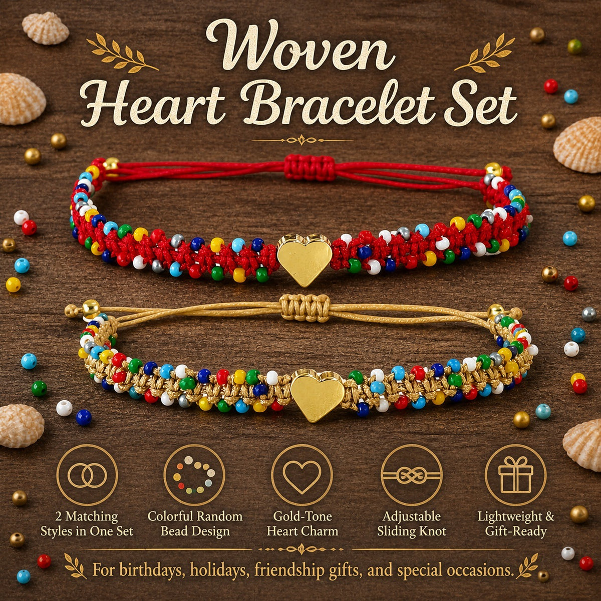 handwoven beaded heart bracelet for women, multicolor beads and gold-tone heart centerpiece, adjustable sliding knot cord closure, sweet boho style with decorative beaded edges and dangling cord ends, everyday jewelry for birthdays and friendship gif