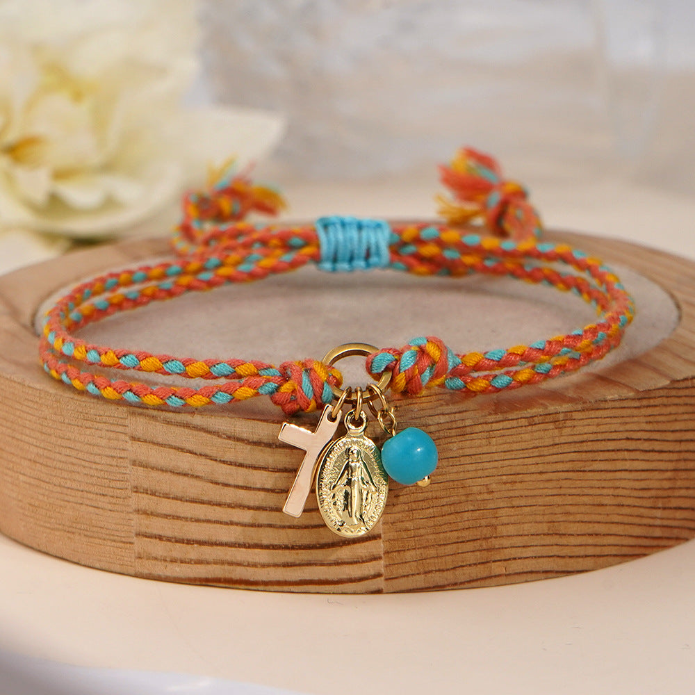 handmade woven cord bracelet for women men cross pendant oval virgin mary miraculous medal adjustable religious protection blessing cotton jewelry gift for her