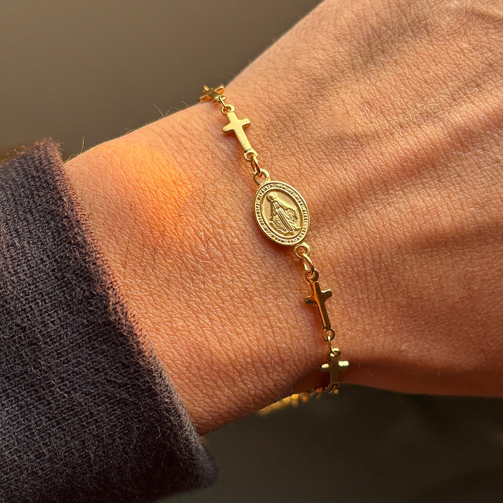 virgin mary cross bracelet for women stainless steel gold plated miraculous medal pendant religious catholic christian faith blessing charm bracelet adjustable stackable layering wristband gift jewelry